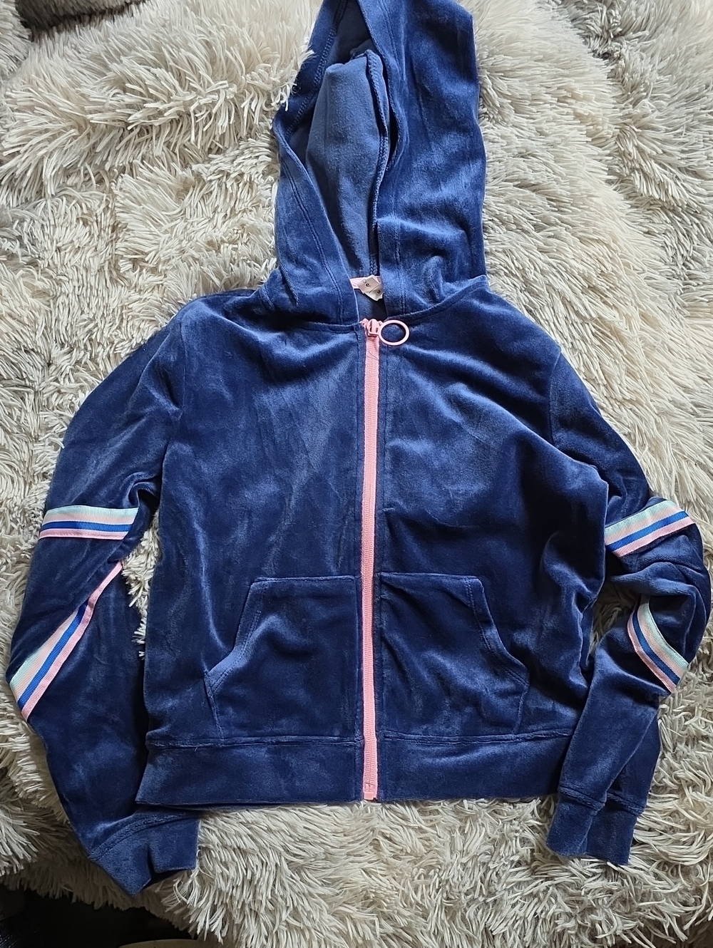 Ideology Navy Velour Hoodie with Pink Accents